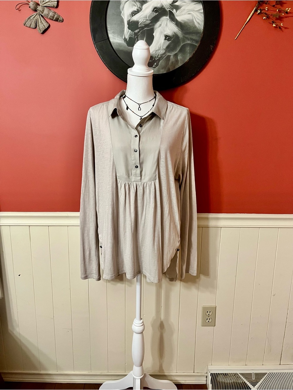 NWT Lucky Brand Taupe Collared Tunic Blouse Size Large
